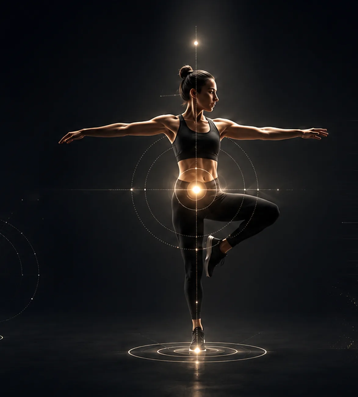 Athlète en équilibre sur une jambe, bras tendus, avec fil à plomb et cercles de posture au sol